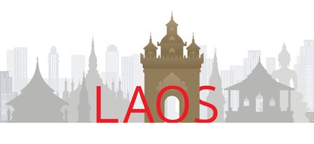 Laos Skyline Landmarks with Text or Word, Famous Place and Historical Buildings, Travel and Tourist Attractionのイラスト素材