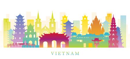 Vietnam Skyline Landmarks Colorful Silhouette Background, Famous Place and Historical Buildings, Travel and Tourist Attractionのイラスト素材