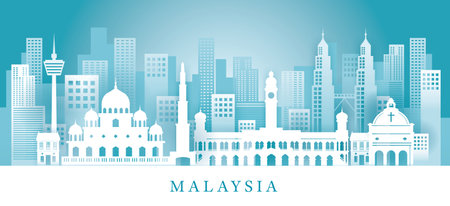 Malaysia Skyline Landmarks in Paper Cutting Style, Famous Place and Historical Buildings, Travel and Tourist Attractionのイラスト素材