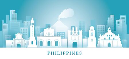 Philippines Skyline Landmarks in Paper Cutting Style, Famous Place and Historical Buildings, Travel and Tourist Attractionのイラスト素材