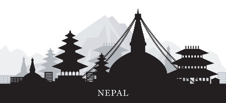 Nepal Skyline Landmarks Silhouette Background, Famous Place and Historical Buildings, Travel and Tourist Attractionのイラスト素材