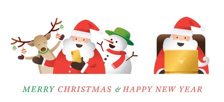 Santa Claus use Smartphone and Laptop Online, Live or Chat, Merry Christmas and Happy New Yearのイラスト素材