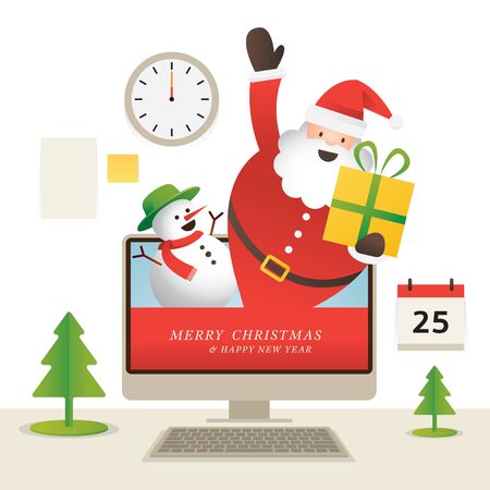 Santa Claus and Snowman Popping Out from Computer, Online Shopping Concept, Merry Christmas and Happy New Yearのイラスト素材