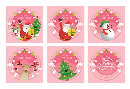 Santa Claus and Friends Background Label Banner, Merry Christmas and Happy New Yearのイラスト素材