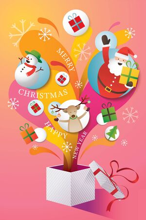Santa Claus, Friends and Gifts Popping Out From Gift Box, Merry Christmas and Happy New Yearのイラスト素材
