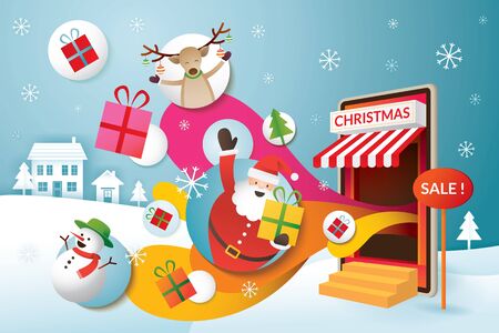 Santa Claus, Friends and Gifts Popping Out from Smartphone, Online Shopping Concept, Merry Christmas and Happy New Yearのイラスト素材