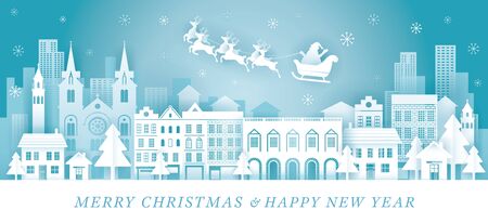 Santa Claus Riding Sleigh over City Background, Paper Cutting, Origami Style, Merry Christmas and Happy New Yearのイラスト素材