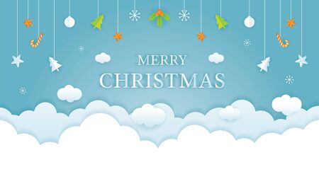 Christmas Cloud Background with Hanging Decorations, Merry Christmas and Happy New Yearのイラスト素材