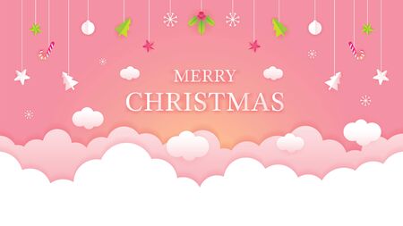 Christmas Cloud Background with Hanging Decorations, Merry Christmas and Happy New Yearのイラスト素材