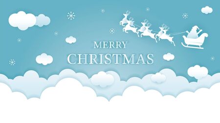 Santa Claus Riding Sleigh over Cloud Background, Paper Cutting, Origami Style, Merry Christmas and Happy New Yearのイラスト素材
