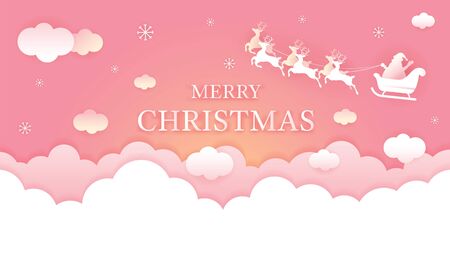 Santa Claus Riding Sleigh over Cloud Background, Paper Cutting, Origami Style, Merry Christmas and Happy New Yearのイラスト素材