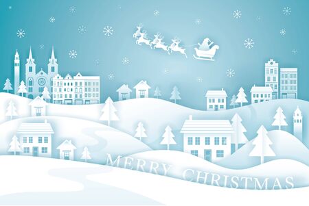 Santa Claus Riding Sleigh over City or Town Background, Paper Cutting, Origami Style, Merry Christmas and Happy New Yearのイラスト素材