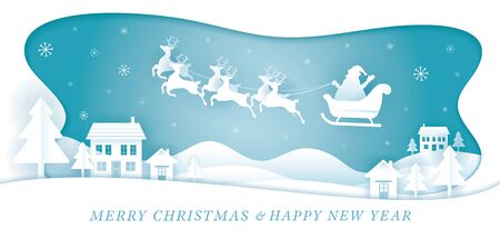 Santa Claus Riding Sleigh over Village or Town Background, Paper Cutting, Origami Style, Merry Christmas and Happy New Yearのイラスト素材
