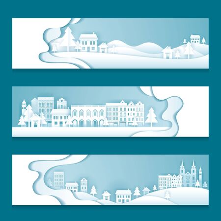 City, Town, Village in Winter Background, Curve, Paper Cutting, Origami Styleのイラスト素材