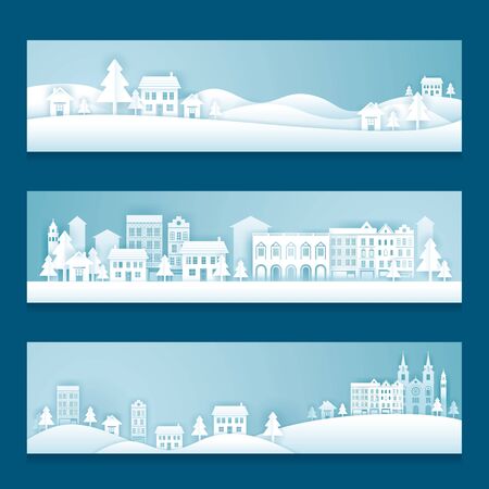 City, Town, Village in Winter Background, Paper Cutting, Origami Styleのイラスト素材