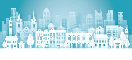City in Winter Background, Paper Cutting, Origami Styleのイラスト素材