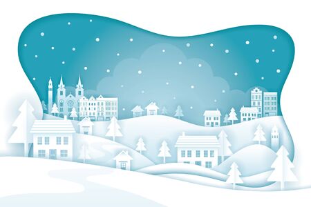 Town or City in Winter Background Frame, Paper Cutting, Origami Styleのイラスト素材