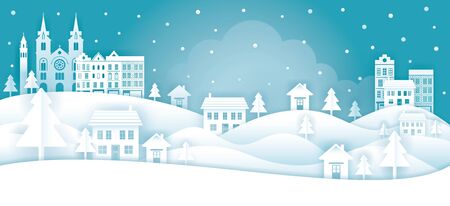Town or City in Winter Background, Paper Cutting, Origami Styleのイラスト素材