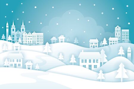 Town or City in Winter Background, Paper Cutting, Origami Styleのイラスト素材