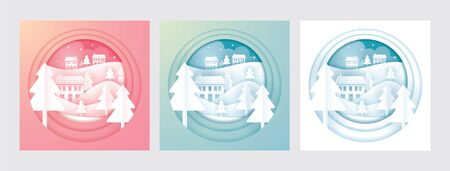 Town or City in Winter Background Label Set, Paper Cutting, Origami Styleのイラスト素材