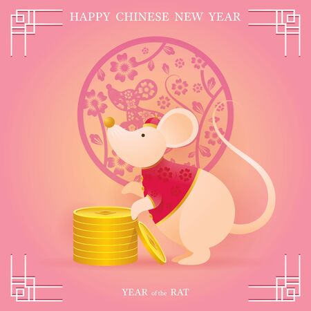 Chinese New Year 2020 Year of the Rat, Cartoon Character with Gold Coins, Zodiac, Holiday, Greeting and Celebrationのイラスト素材