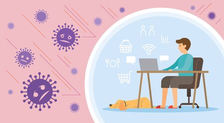 Men Working at Home with Dog, Prevention of Covid-19, Coronavirus Disease Background, Health Care and Safetyのイラスト素材