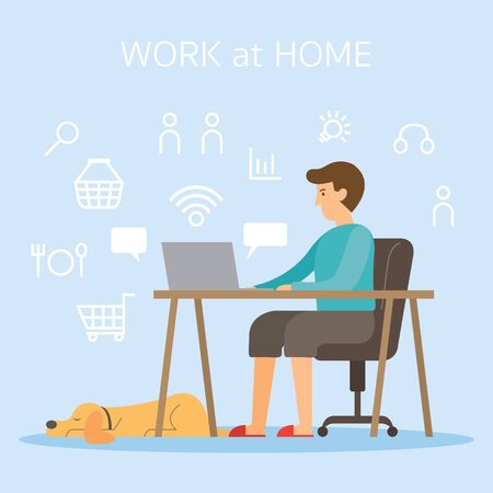 Men use Computer and Internet Working at Home, Work Online, Online Shopping, Delivery Conceptのイラスト素材