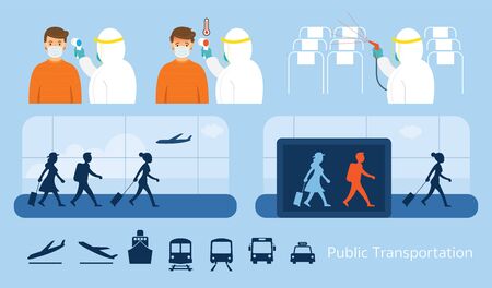 Airport or Public Transport, Preventive Measure for Coronavirus or Covid-19, Traveller, Passenger Control with Thermoscan, Cleaning Passenger Cabinのイラスト素材