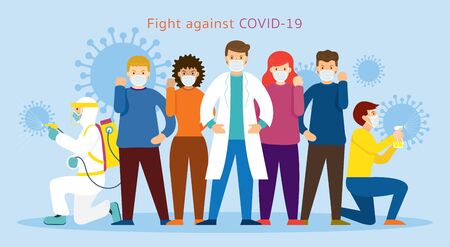 People and Doctor wearing Face Mask Fight Against Covid-19, Coronavirus Disease, Health Care and Safetyのイラスト素材