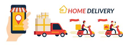 Home Delivery Service, Online Shopping,  Send by Truck and Scooter or Motorcycleのイラスト素材