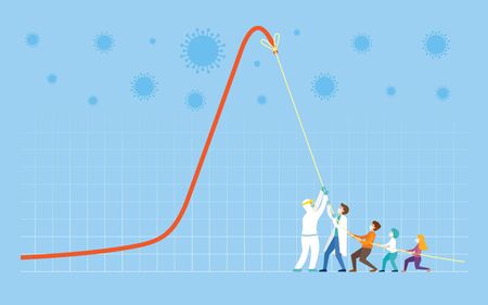 Covid-19 Flatten the Curve Concept, People Strong Together to Pull Down Graph Chartのイラスト素材
