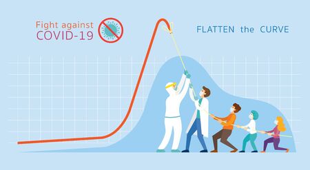 Covid-19 Flatten the Curve Concept, People Strong Together to Pull Down Graph Chartのイラスト素材