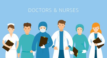 Group of Doctors and Nurses Wearing Uniform, Protective Suits, Hospital, Healthcare and Medicalのイラスト素材