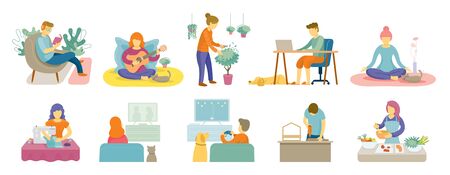 Quarantine, Stay at Home Activities, Listening, Gardening, Yoga, Working, Watching, Cooking, Sewing, Playing and Listening Musicのイラスト素材