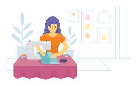 Stay at Home, Woman use Sewing Machine, Quarantine, Relax, Hobby and Leisureのイラスト素材