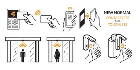 New Normal, Contactless Payment and Touchless Technology, Wireless, Credit Card, Smart Card, and Smartphone. Automatic Door, Faucet and Alcohol Dispenserのイラスト素材