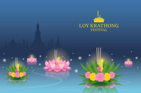 Loy Krathong Festival on the River, Temple Landmark Skyline Backgroundのイラスト素材