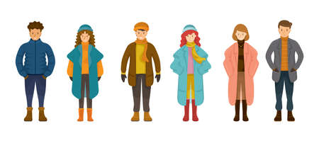 People in Winter Clothes Set, Standing and Wearing Coat, Sweater, Jacketのイラスト素材