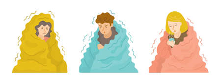 People Shivering under Blanket Set in Cold Weather and Winter Seasonのイラスト素材