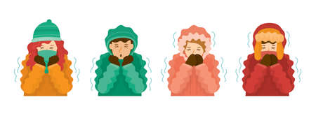 People Shivering by Cold Weather in Winter Clothes and Winter Seasonのイラスト素材