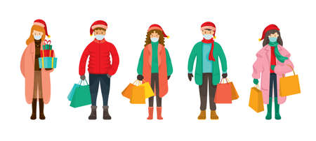 People in Winter Clothes wearing Face Mask, Christmas Shopping Concept, Prevention of Coronavirus Covid-19のイラスト素材