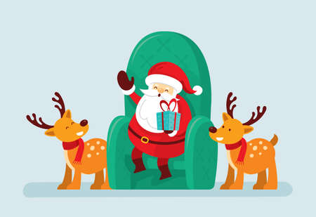 Santa Claus Sitting on Chair with Reindeer, Merry Christmas and Happy New Yearのイラスト素材