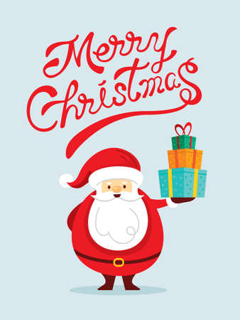 Santa Claus Characters holding Gift Box with Lettering, Merry Christmas and Happy New Yearのイラスト素材