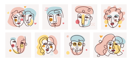 People Face Single Line Contour Drawing Set, Men and Women with Color Background