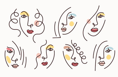 Girl Face Simply Line Drawing Set, Multinational, Various Ethnicity, Beauty and Cosmetic Concept
