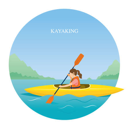 Girl in Life Jacket Kayaking in the Sea or River, Travel, Summer Vacation and Activitiesのイラスト素材
