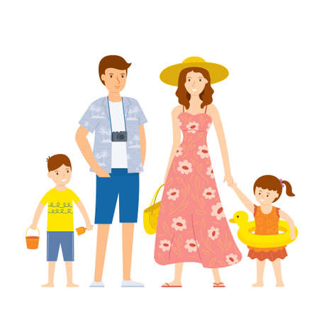 Family Prepare for Travel Summer with Equipments for the Beach Activitiesのイラスト素材