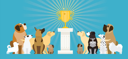Group of Dog Breeds Looking at Trophy on Winner Podium, Champion, Competition and Contest Conceptのイラスト素材