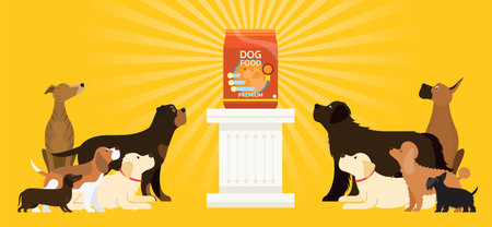 Group of Dog Breeds Looking at Food Package on Winner Podium, Flat Vector Illustration Cartoonのイラスト素材