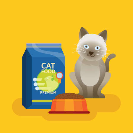 Cat Sitting with Food Package, Food in a Bowl, Cute Cartoonのイラスト素材